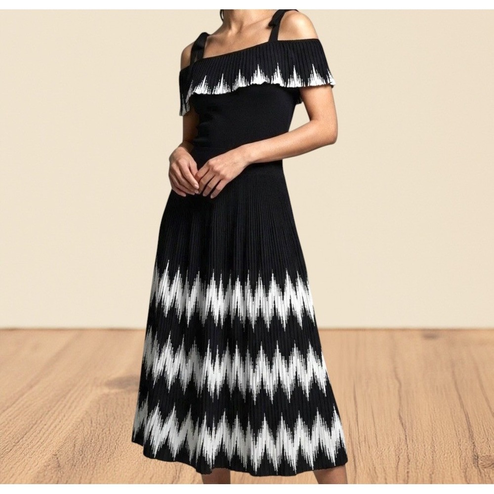 Maje NEW Rosier Knitted Midi Dress with Ruffle Sz M Black w White $515 Geometric